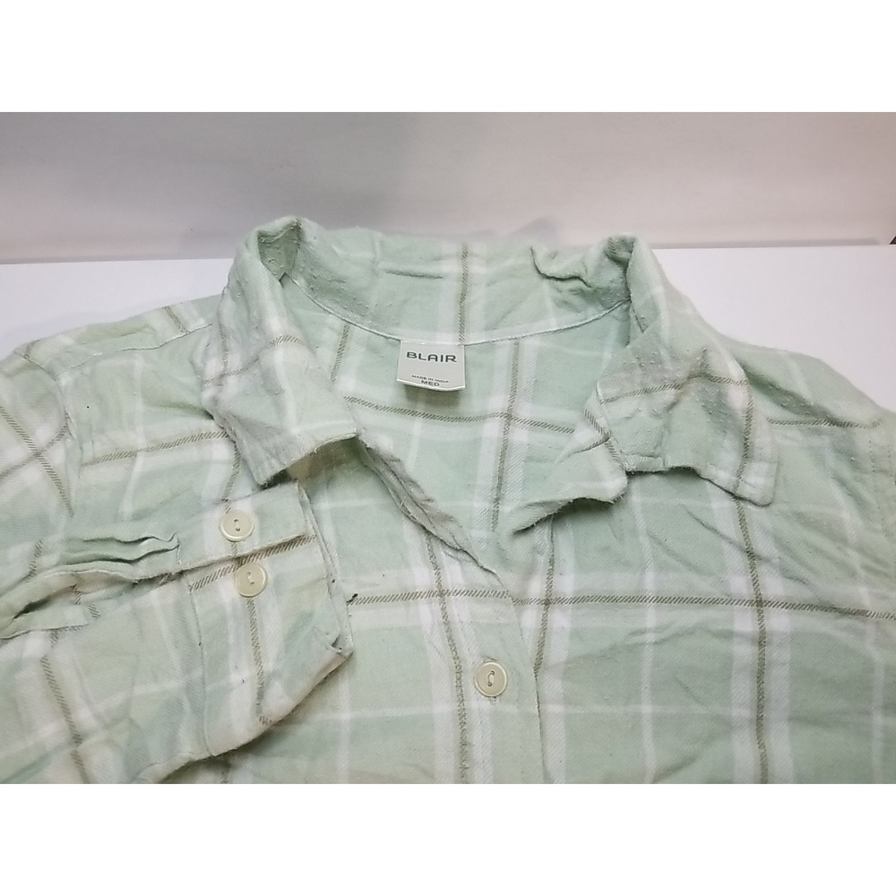 Blair Womens Plaid Flannel Button Up Long Sleeve Shirt Medium Green White